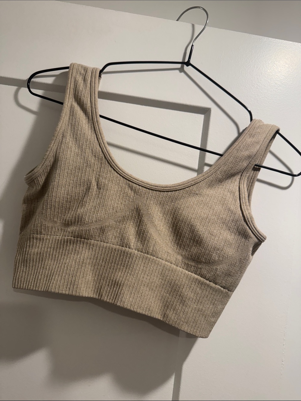 Ribbed Scoop Neck Crop Tank - Beige